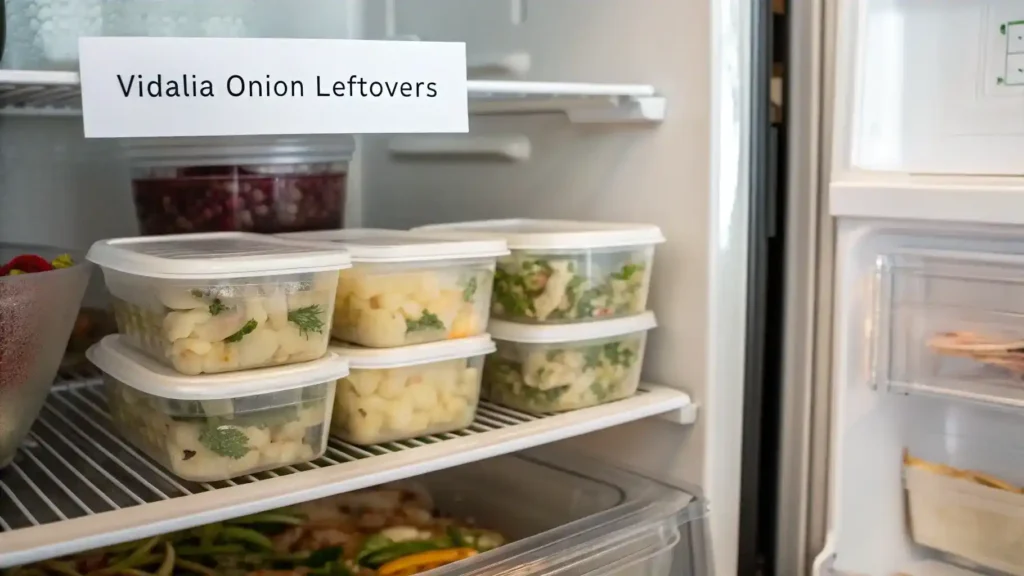 A refrigerator with labeled containers of Vidalia onion leftovers.