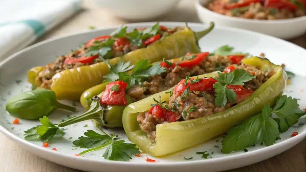 A plate of stuffed banana peppers garnished with fresh herbs.