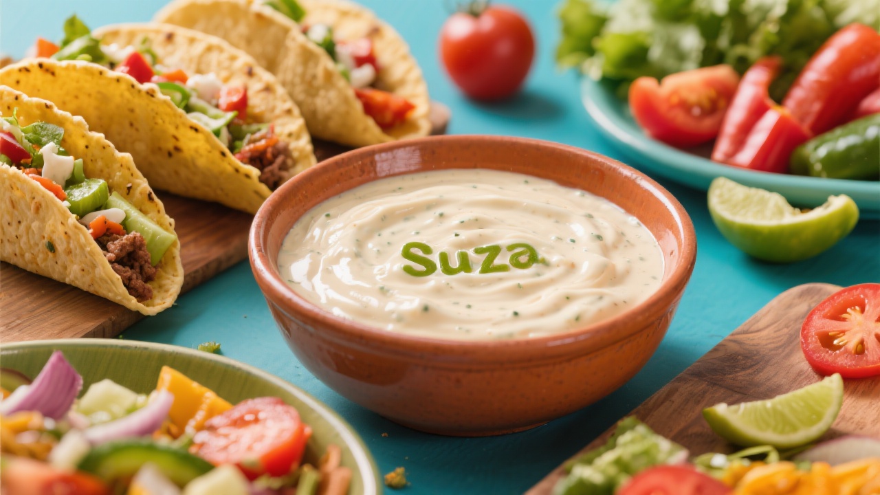 Bowl of suiza sauce surrounded by tacos and fresh vegetables.