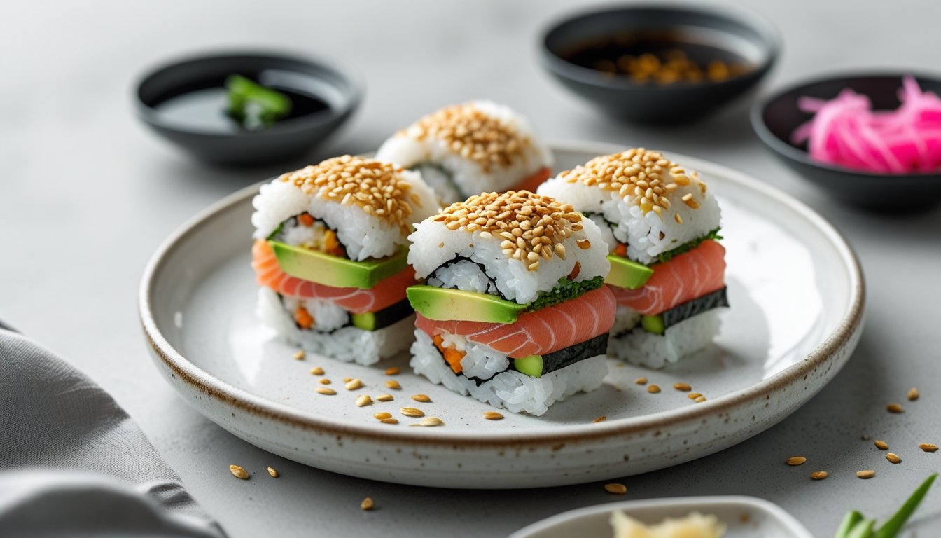 A beautifully presented Sushi Sandwich served with dipping sauce.