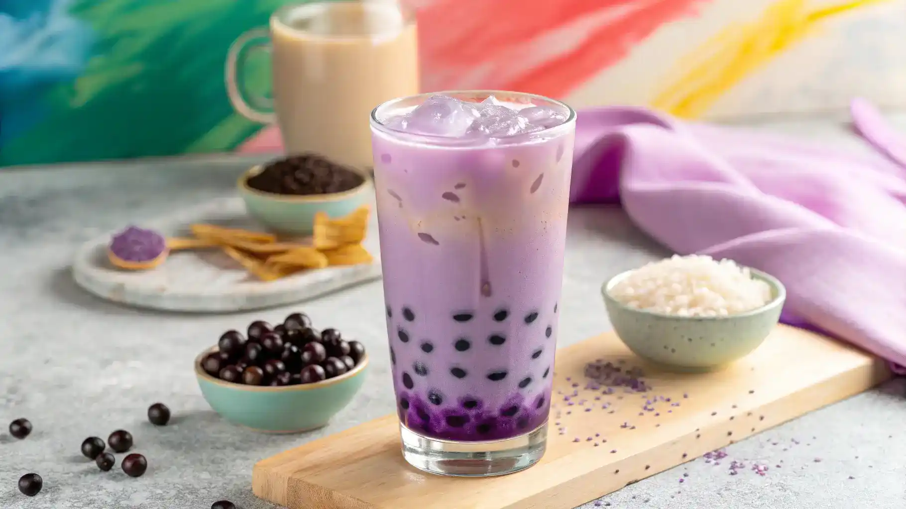 A refreshing glass of taro milk tea with tapioca pearls.
