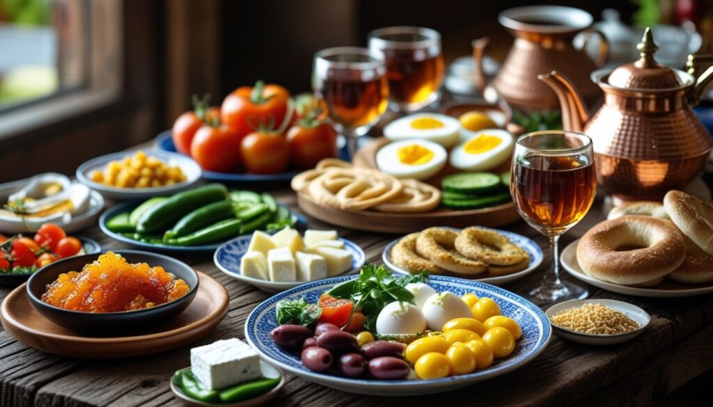 A beautifully set table for a traditional Turkish breakfast with various dishes and vibrant colors.