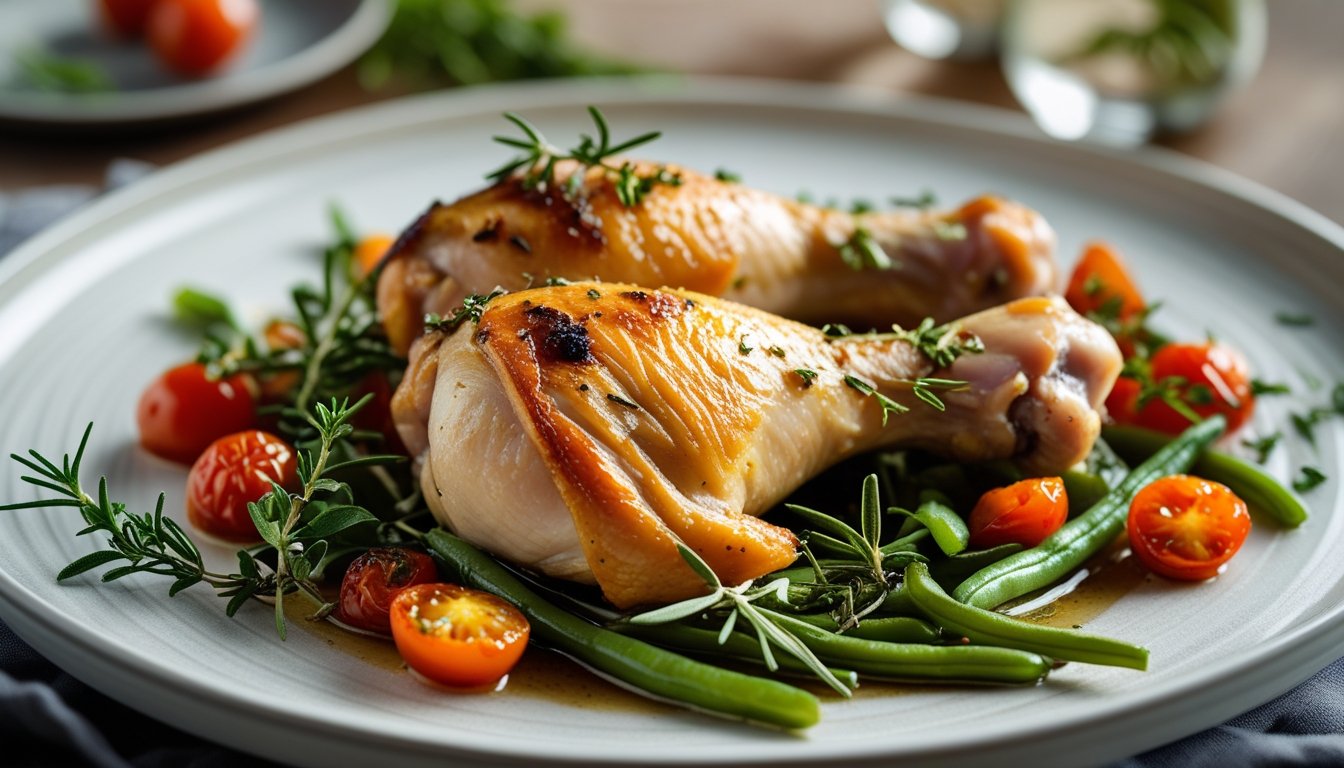 A beautifully plated dish of chicken leg quarters, garnished and ready to serve.