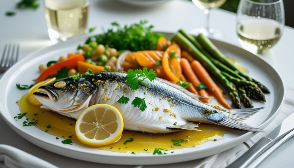 A finished dish of fish with oil, garnished and served with vegetables.
