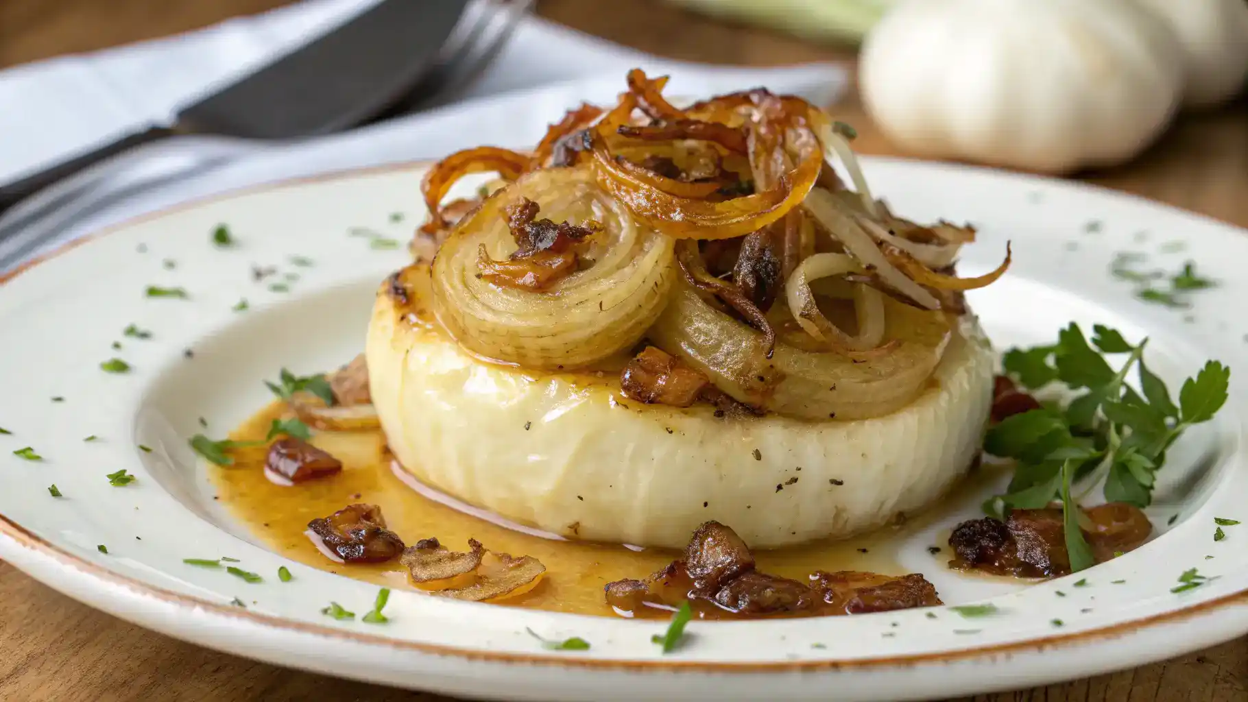 A beautifully plated dish topped with caramelized Vidalia onions.