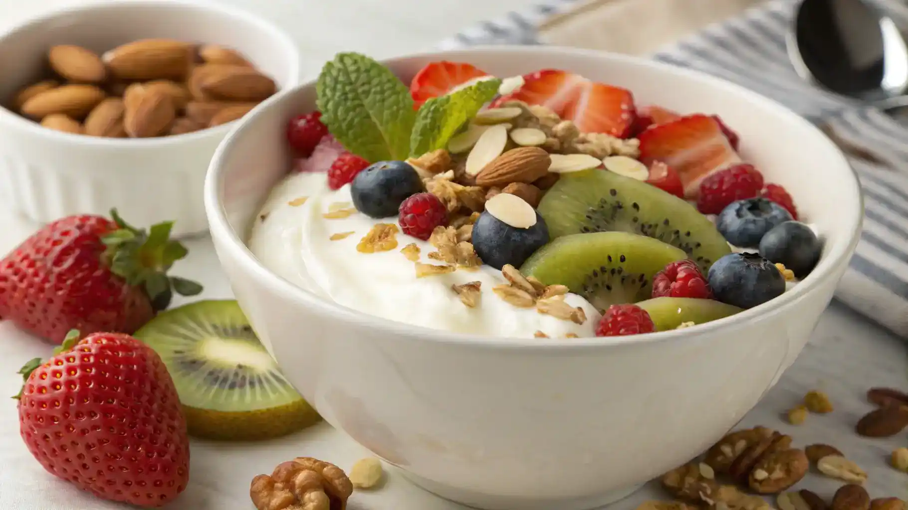 A bowl of yogurt beaten topped with fresh fruits and nuts.