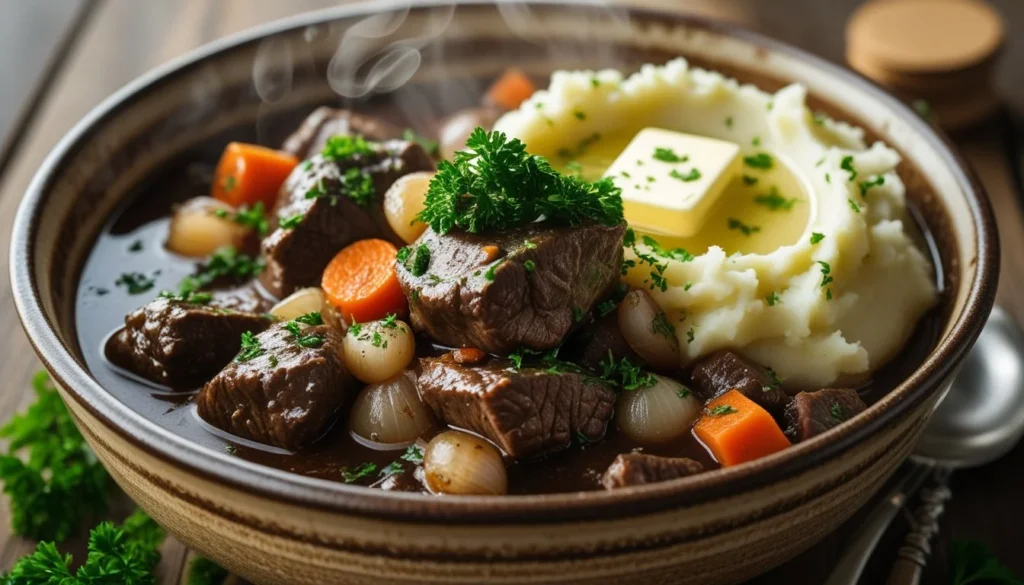 A bowl of beef bourguignon served with mashed potatoes and parsley.