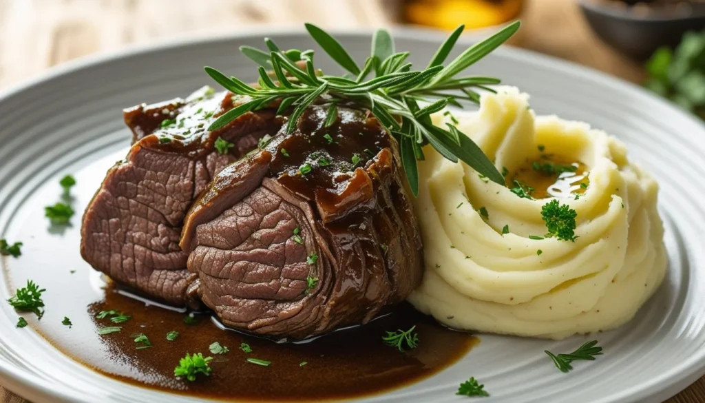A plated dish of beef cheek meat with mashed potatoes and herbs.