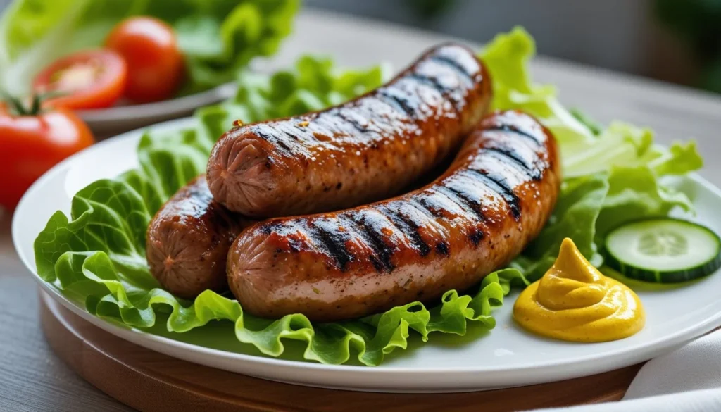 Deliciously cooked beef sausage served with mustard and vegetables.