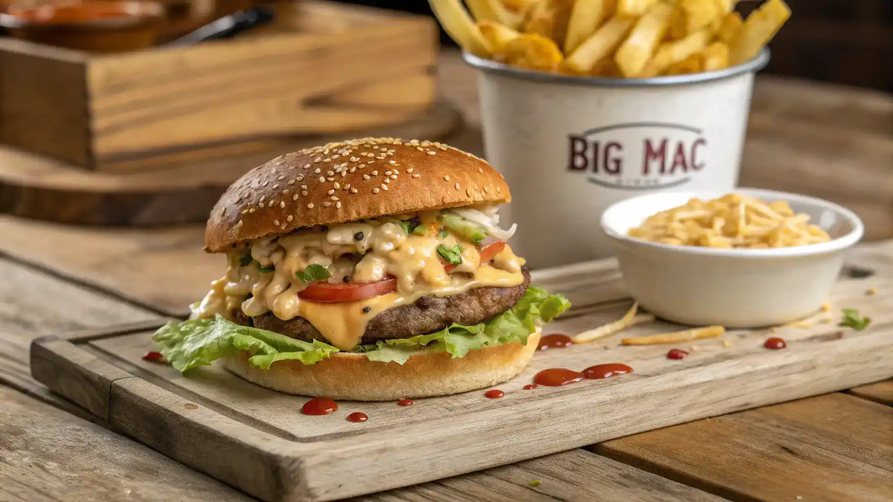 A delicious burger topped with Big Mac sauce and served with fries.
