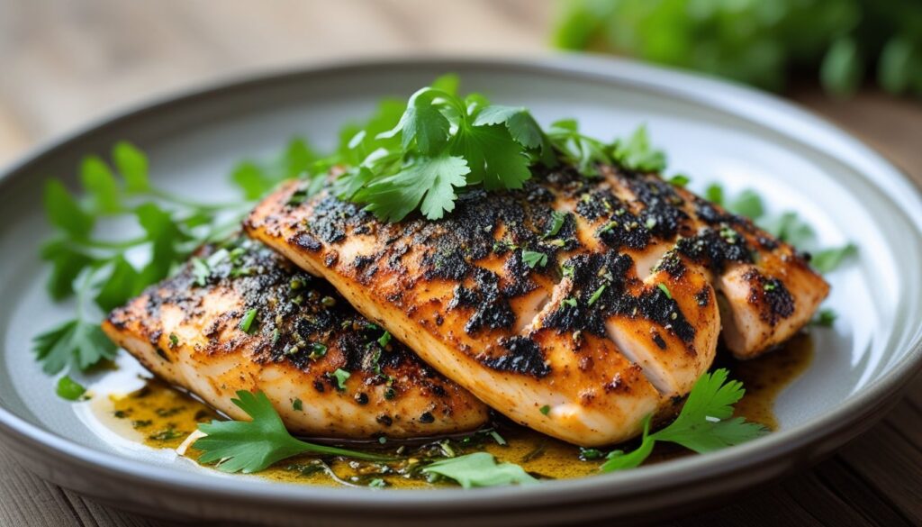 A beautifully plated dish of grilled chicken seasoned with blackened seasoning, garnished with herbs.