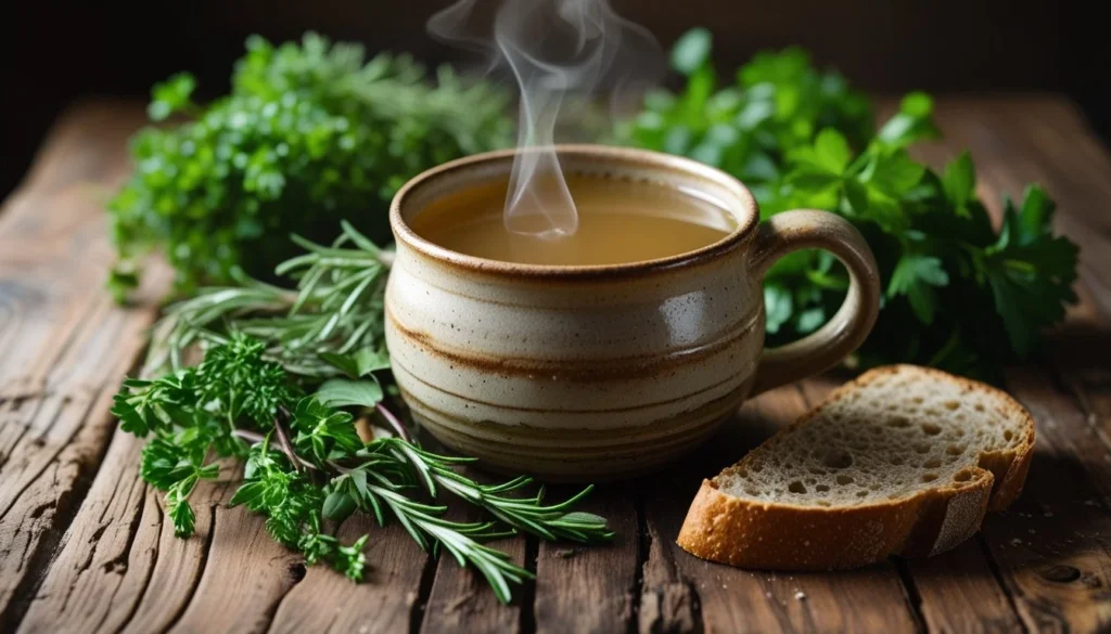 A steaming cup of bone broth served with fresh herbs and whole-grain bread, evoking warmth and comfort.