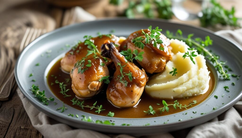 A beautifully plated dish of braised chicken with mashed potatoes and herbs.