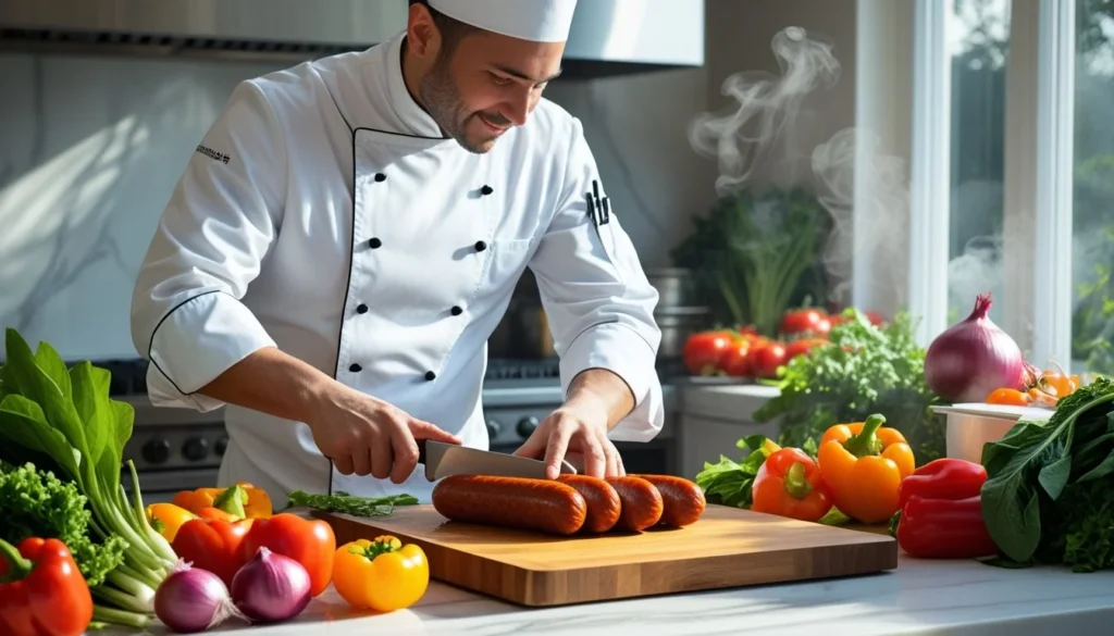 A chef cooking smoked sausage with fresh vegetables in a bright kitchen.