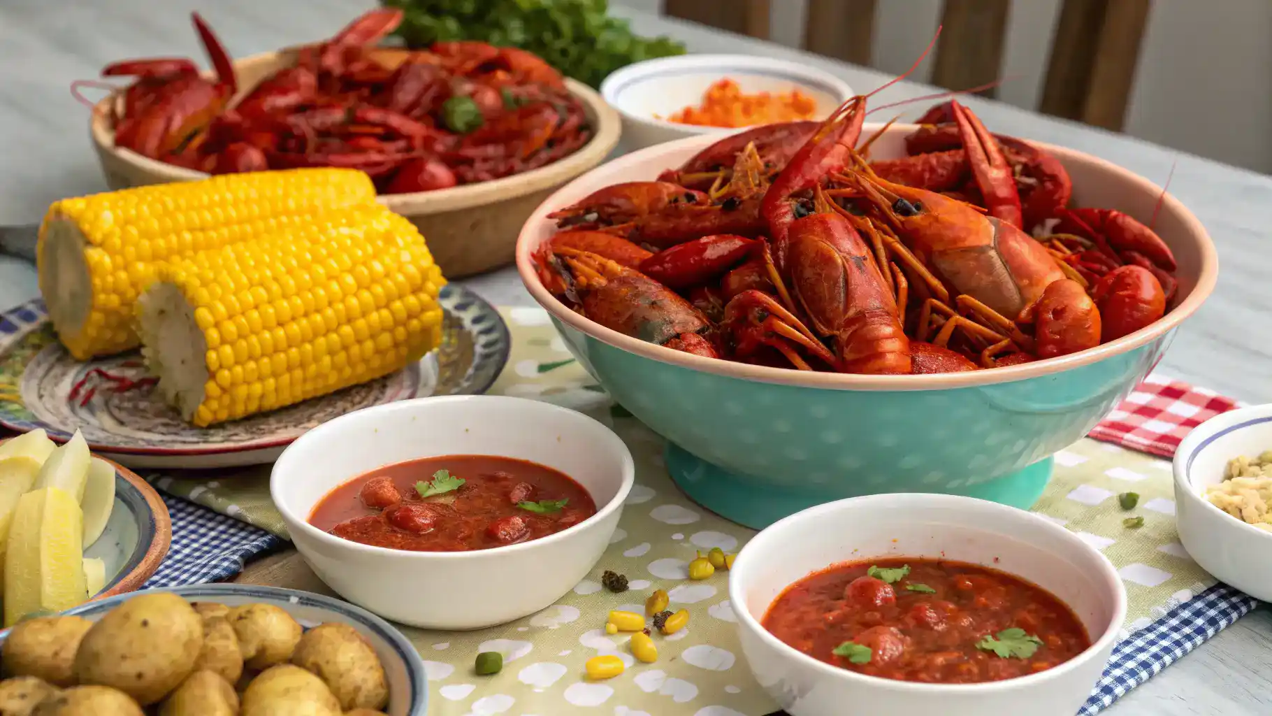 A festive crawfish boil feast with colorful bowls of dipping sauces and garnishes.