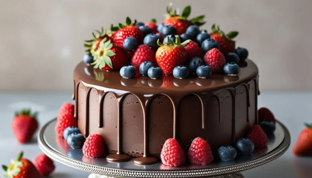 A beautifully decorated chocolate ganache cake with fresh berries and ganache drips.