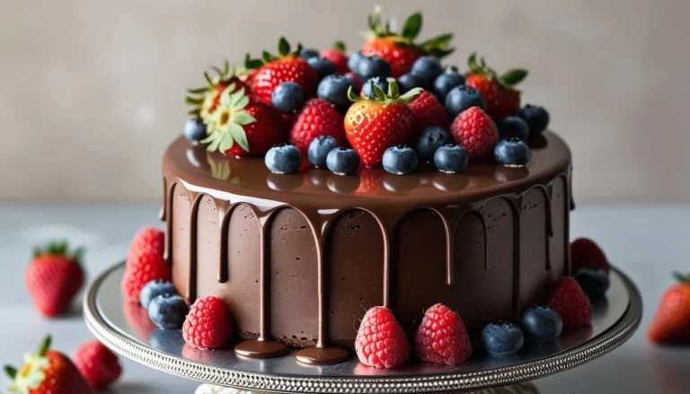 A beautifully decorated chocolate ganache cake with fresh berries and ganache drips.