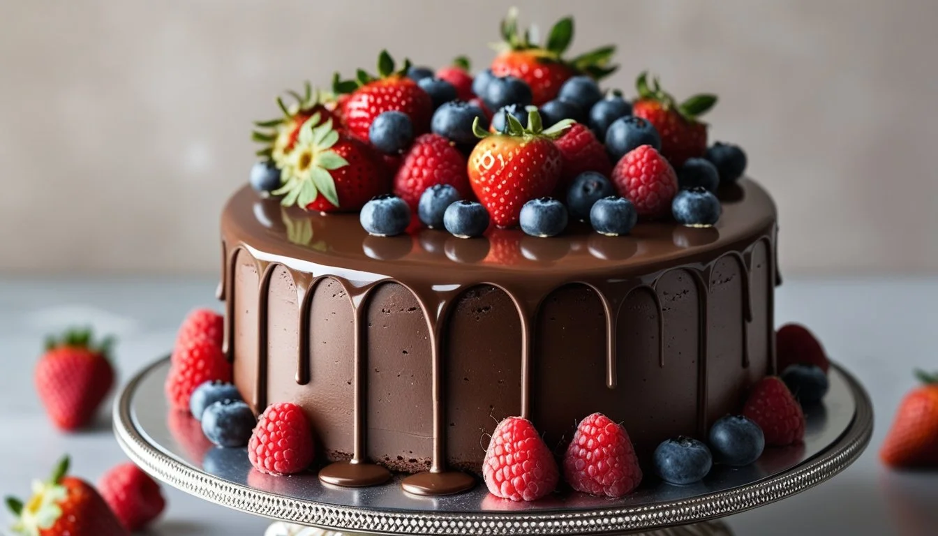 A beautifully decorated chocolate ganache cake with fresh berries and ganache drips.
