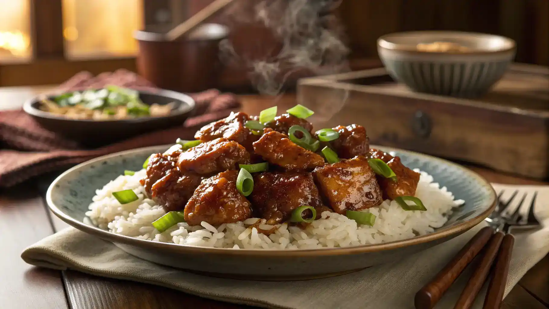 A delicious plate of bourbon chicken served with rice and garnished with green onions.