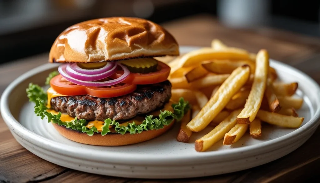 A delicious brisket burger topped with lettuce, tomato, and cheese, served with fries.