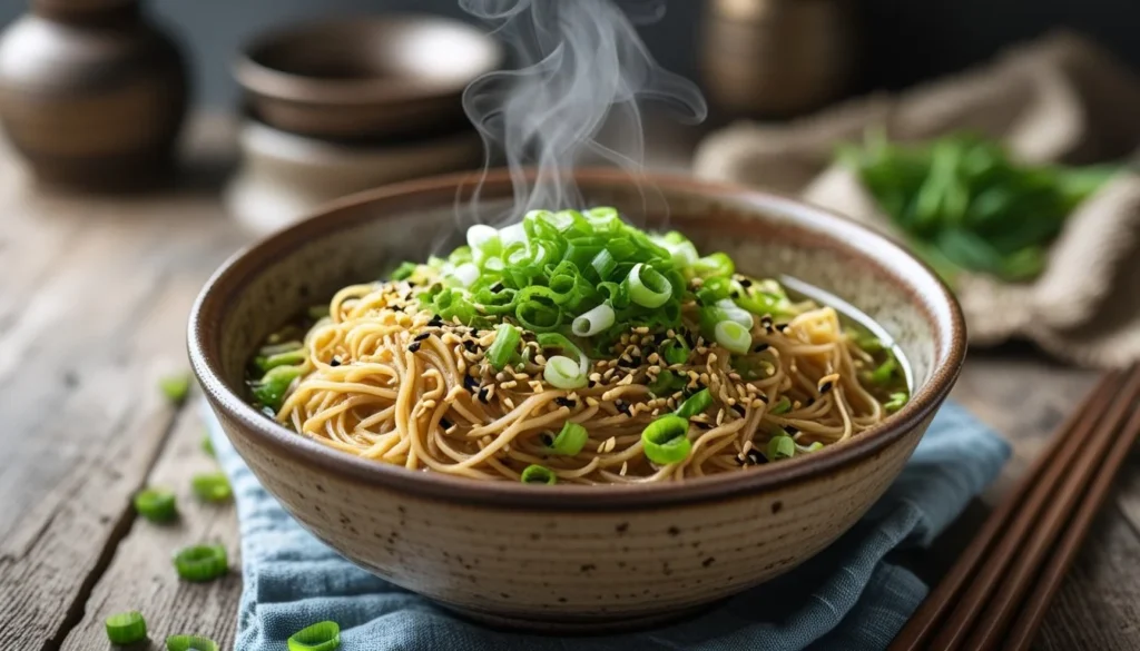 A bowl of delicious Hakka noodles garnished with spring onions and sesame seeds.