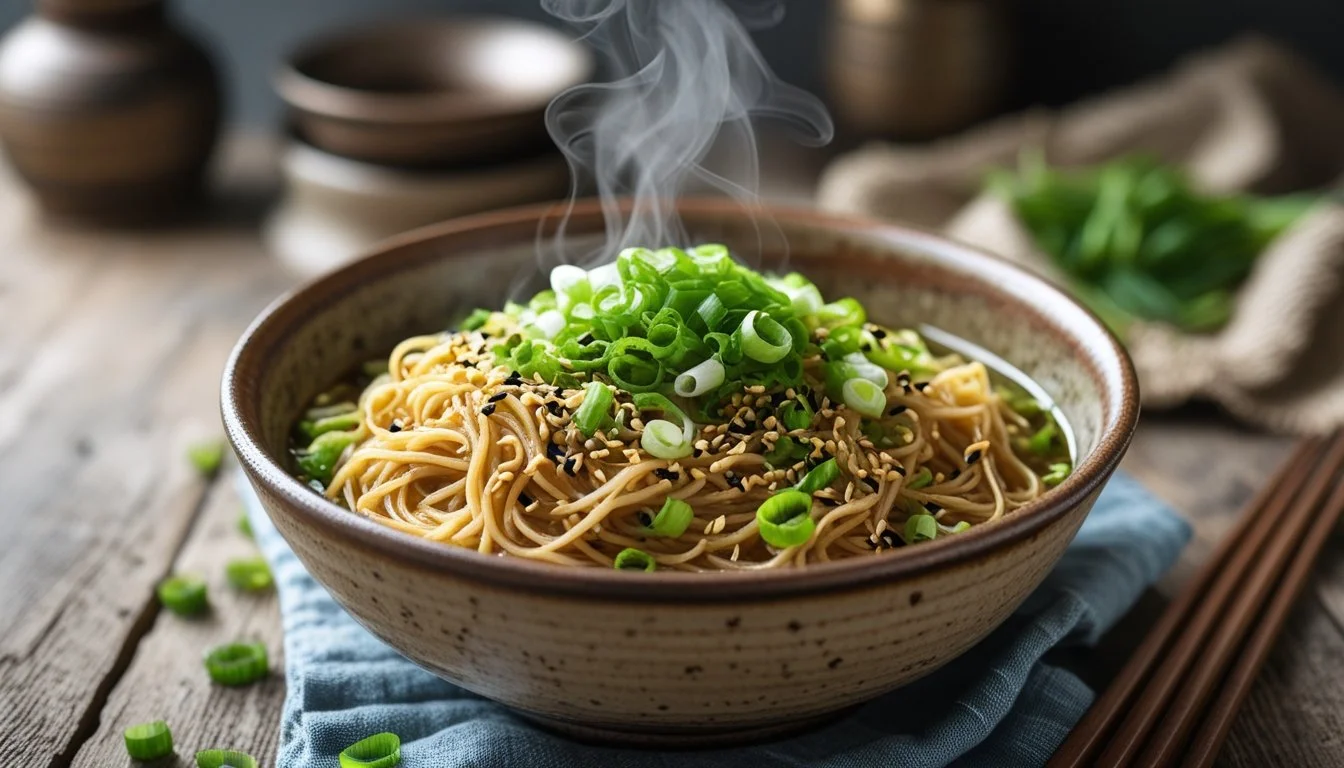 A bowl of delicious Hakka noodles garnished with spring onions and sesame seeds.