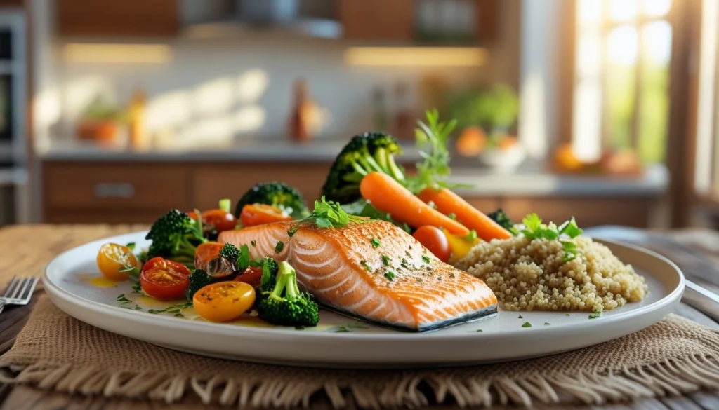 A beautifully plated Salmon HelloFresh dinner featuring salmon fillets, colorful vegetables, and grains.