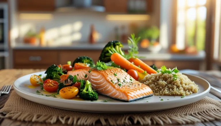 A beautifully plated Salmon HelloFresh dinner featuring salmon fillets, colorful vegetables, and grains.