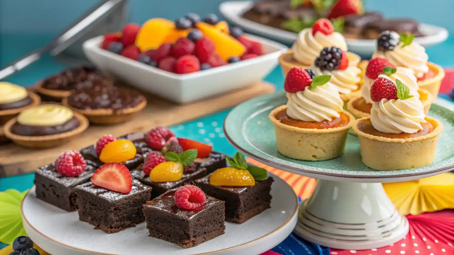 A variety of beautifully plated vegan desserts including brownies, mousse, and fruit tarts on a colorful table.
