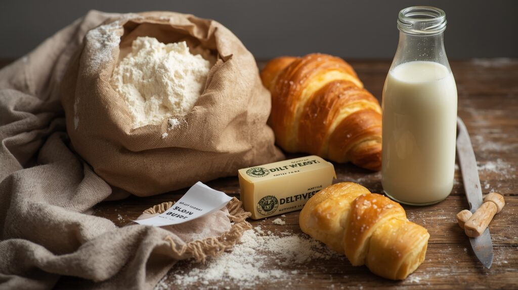Ingredients for croissant recipe including flour, butter, yeast, and milk.