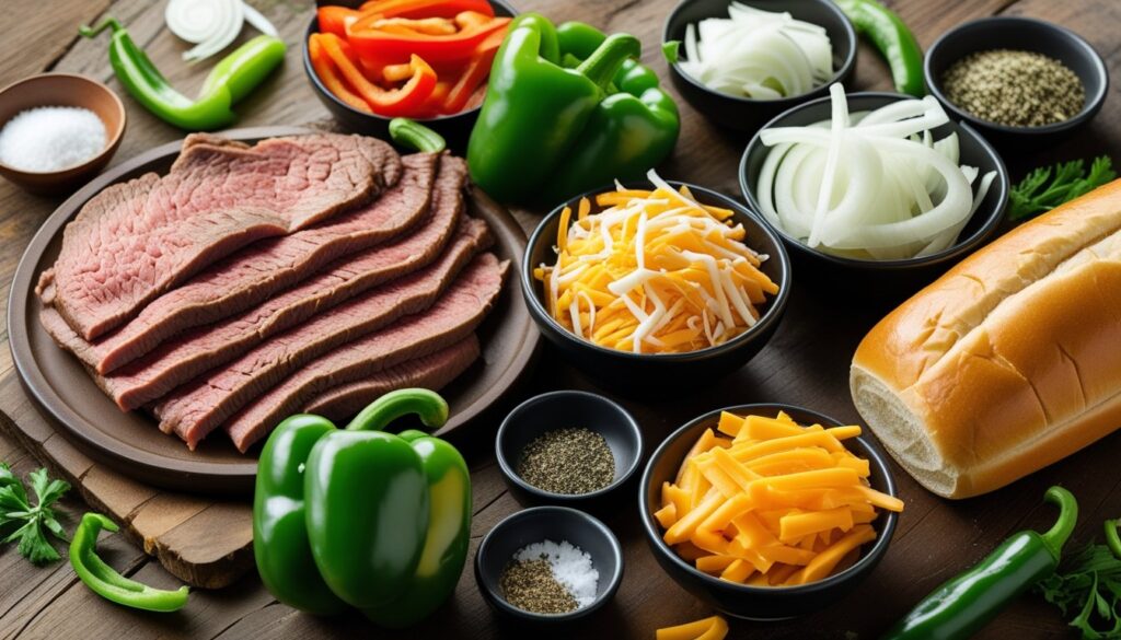 Ingredients for a Philly cheesesteak laid out on a wooden cutting board, including ribeye steak, onions, bell peppers, and cheeses.