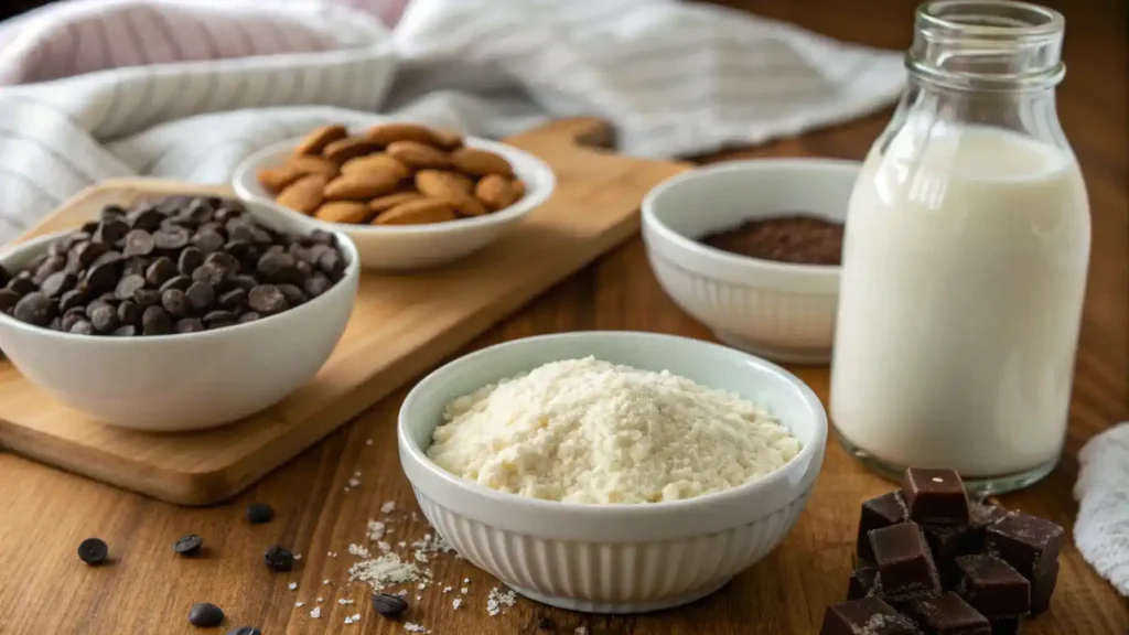 An assortment of vegan ingredients for dessert preparation, including almond flour, coconut milk, and dark chocolate chips.