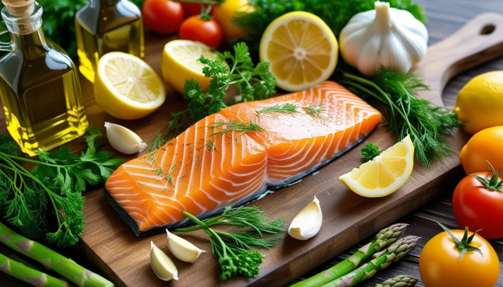Ingredients for Salmon HelloFresh recipe including salmon, olive oil, lemon, garlic, herbs, and vegetables.