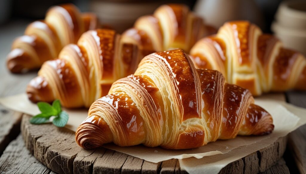 Freshly baked golden croissants on a wooden table.