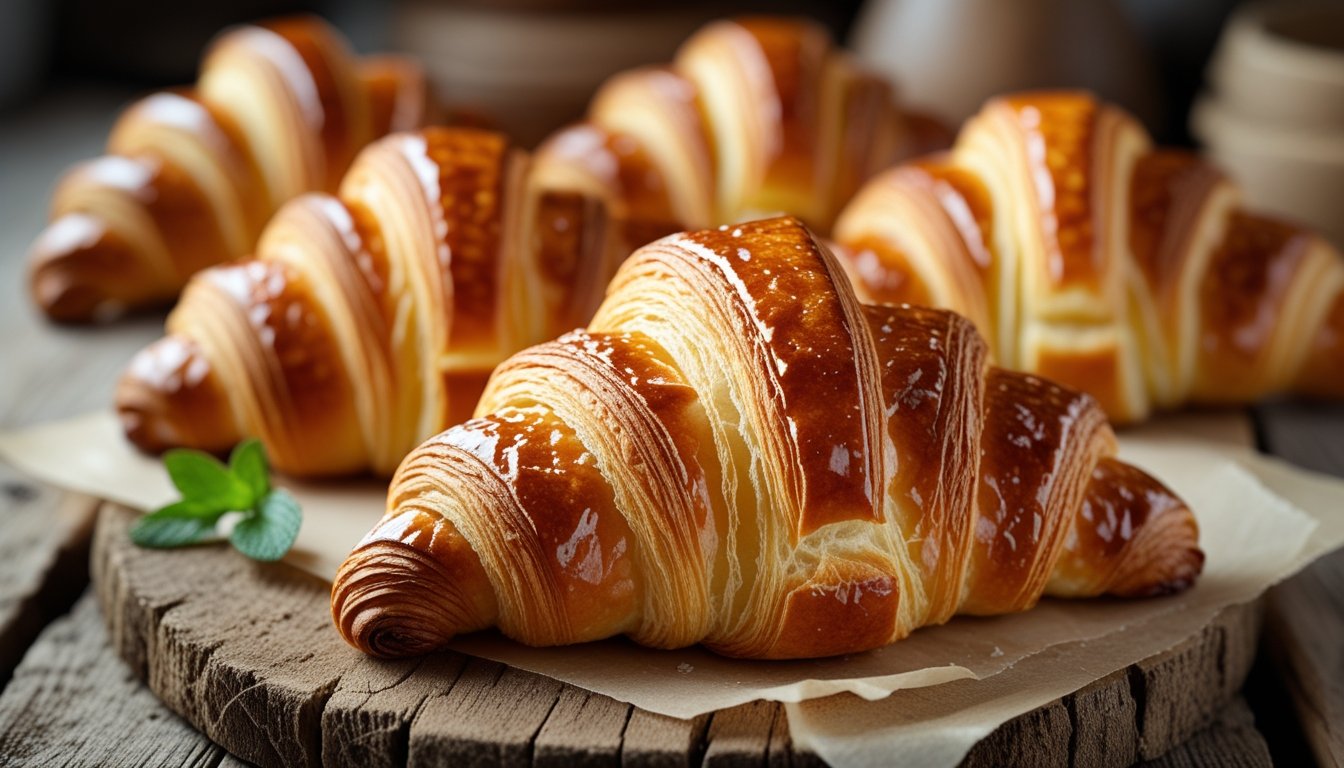 Freshly baked golden croissants on a wooden table.