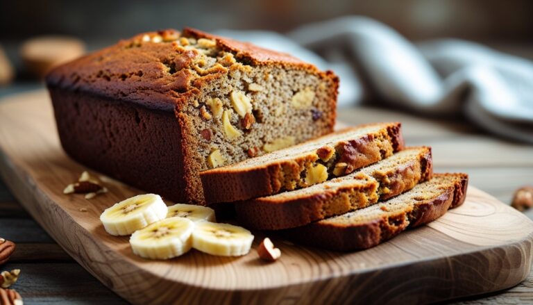 Freshly baked healthy banana bread sliced on a wooden board.