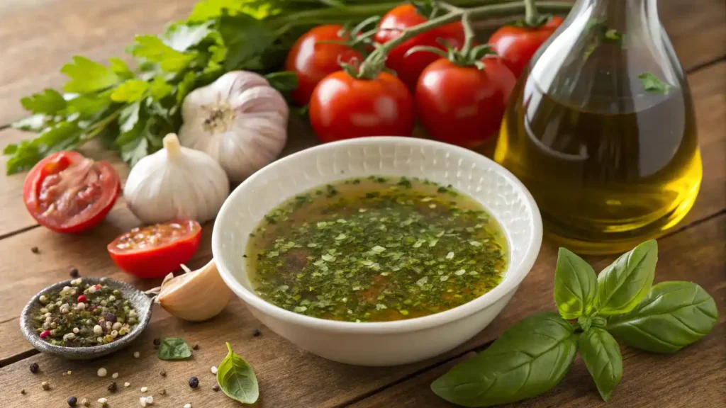 A bowl of homemade Italian dressing surrounded by fresh herbs and ingredients.