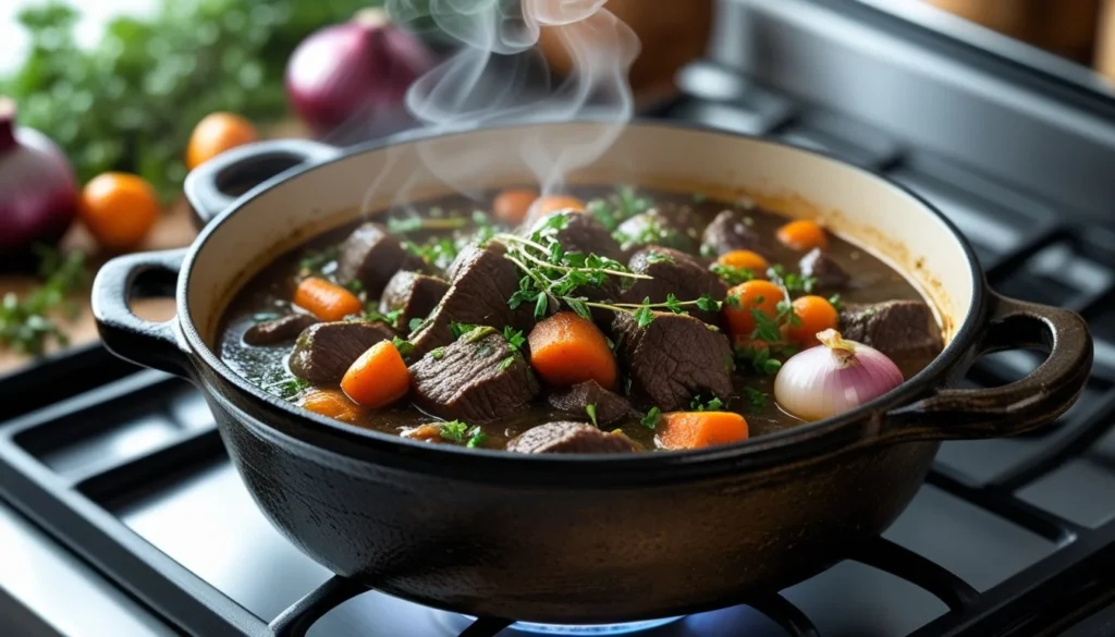 A pot of beef bourguignon simmering with vegetables and herbs.