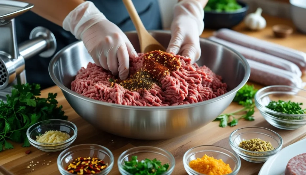 A step-by-step process of making beef sausage with ingredients laid out.