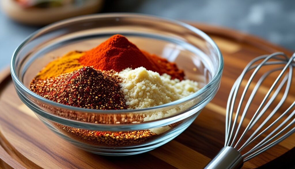 A mixing bowl filled with various spices for blackened seasoning, including paprika, cayenne pepper, and garlic powder.