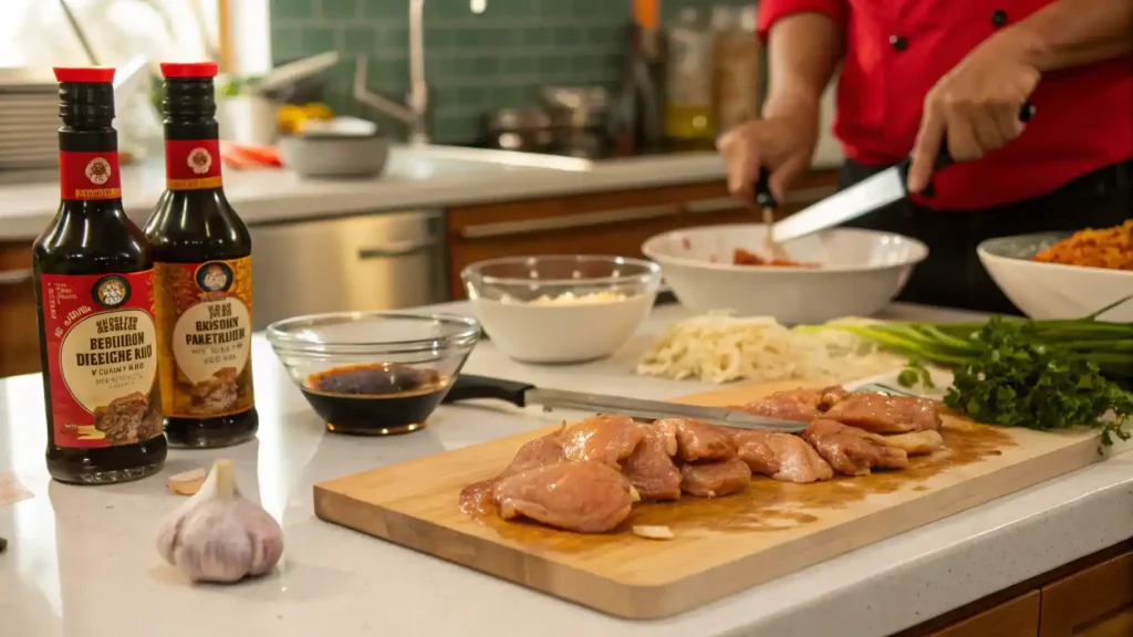 Ingredients and steps for making bourbon chicken laid out on a kitchen counter.