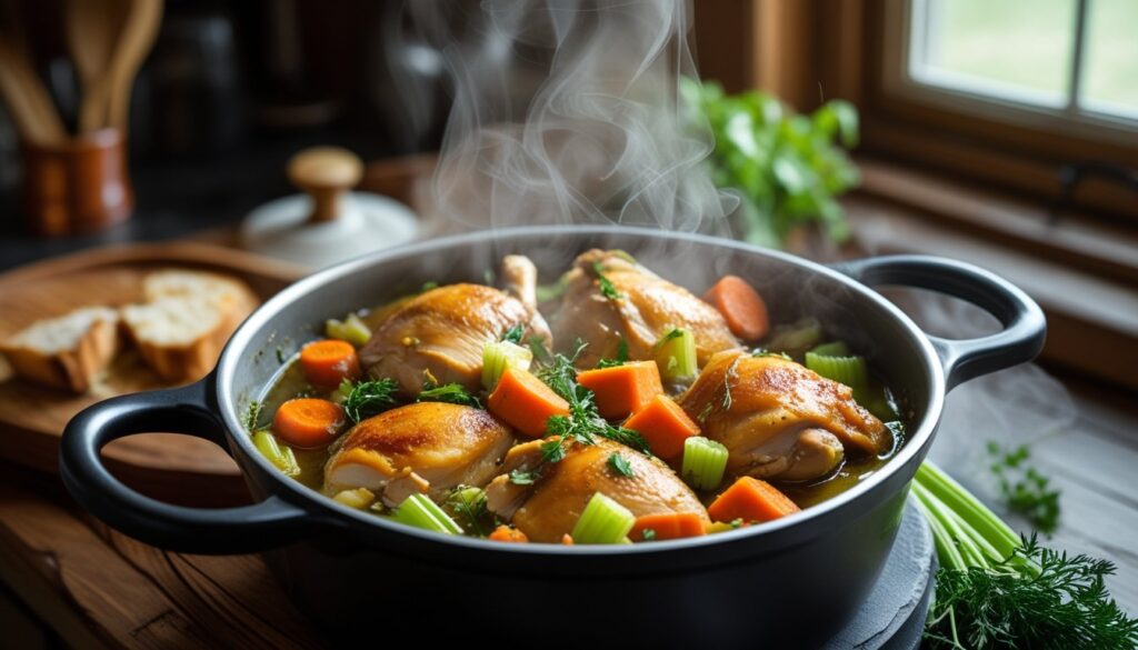 A pot of braised chicken with vegetables, including carrots and celery, simmering on the stove.