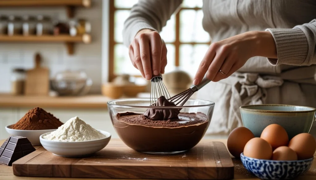Ingredients and steps for making chocolate ganache cake displayed in a cozy kitchen setting.