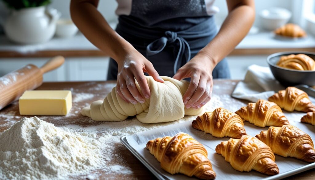 Step-by-step process of making croissants with ingredients and dough preparation.
