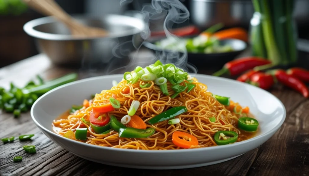 A plate of freshly cooked Hakka noodles with colorful vegetables and garnishes.