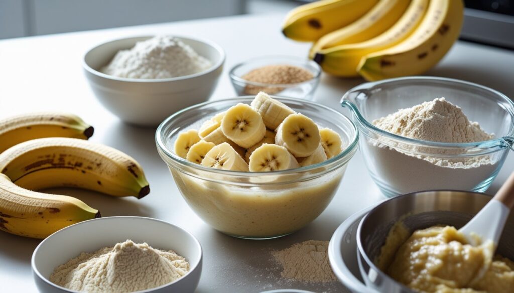 Step-by-step process of making healthy banana bread with ingredients displayed.
