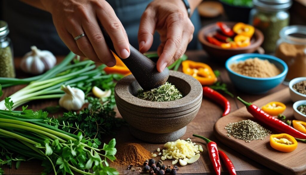 A vibrant kitchen scene with ingredients for jerk seasoning laid out, including spices and fresh herbs.
