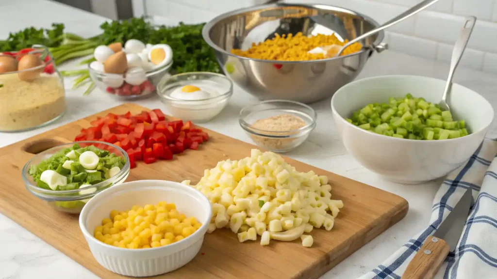 A step-by-step process of making macaroni salad with ingredients laid out on a kitchen counter.