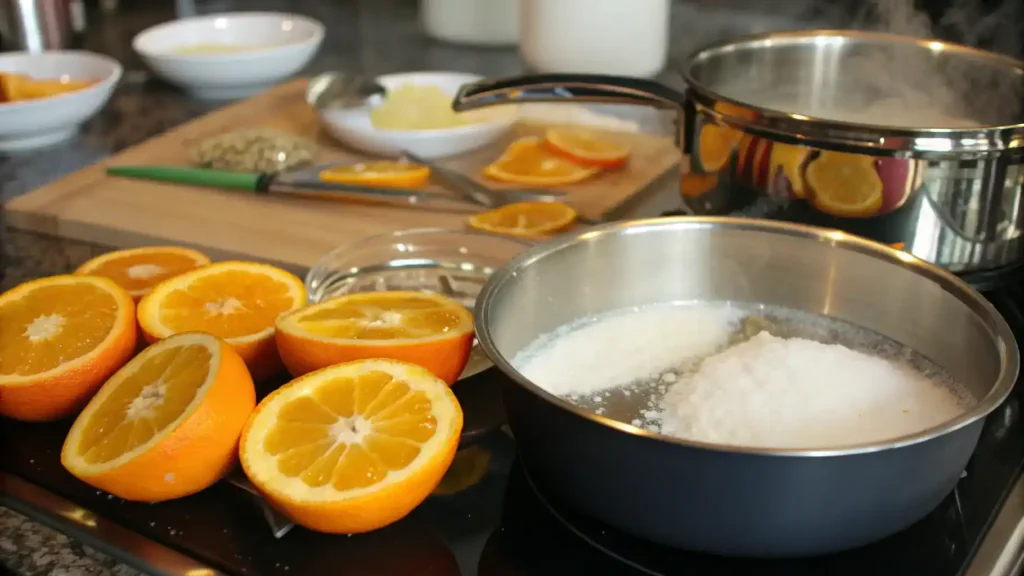 Step-by-step process of making orange liqueur with fresh ingredients.