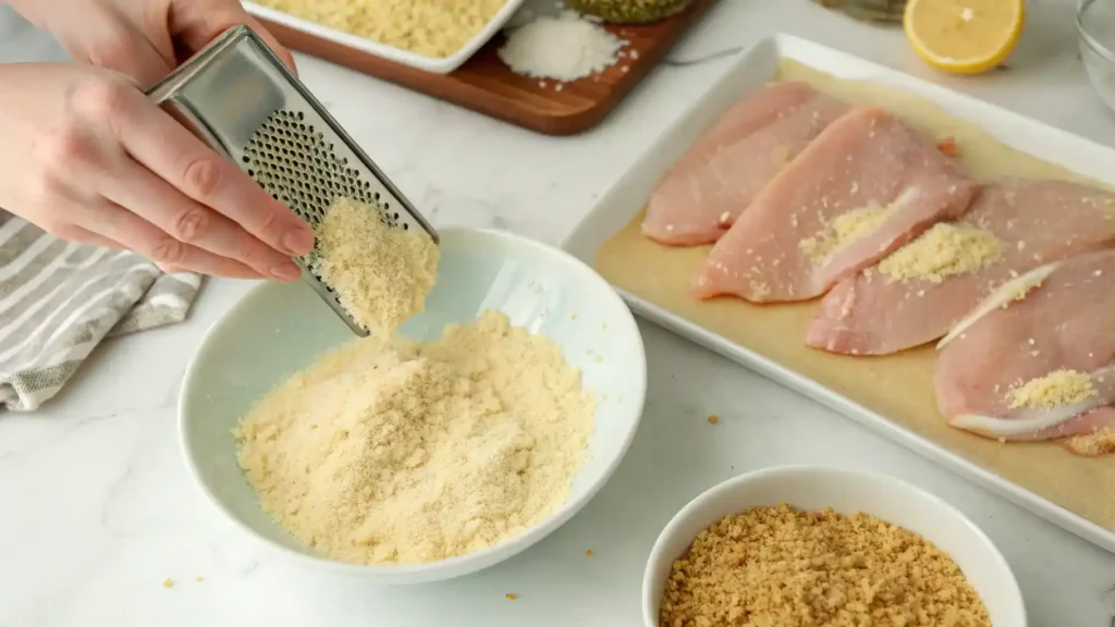 Ingredients and preparation steps for making parmesan crusted chicken.
